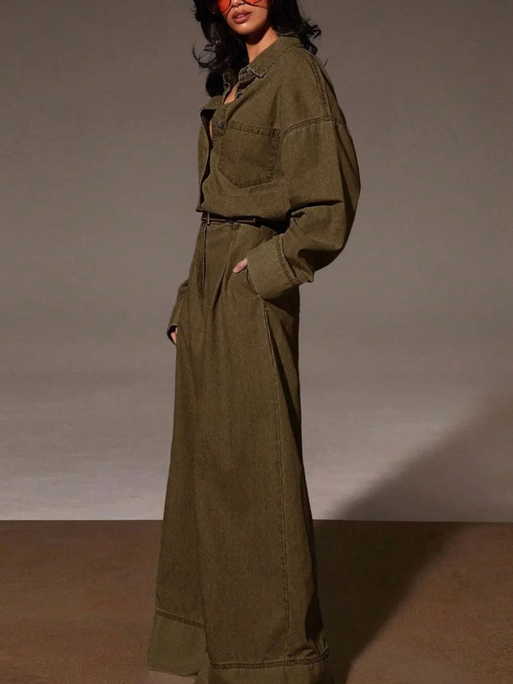 Coffee Brown Casual Women's Denim Loose Button Front Drop Shoulder Jumpsuit
